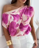 Floral Tie Dye Print Skew Neck Ruched Top