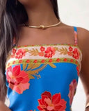 Floral Print Bandeau Spaghetti Strap Tank Casual Back Tied Detail Asymmetrical Hem Top