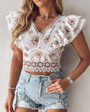 Floral Embroidery Lace Patch Ruffles Top