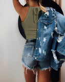 Textured Contrast Lace Halter Sleeveless Tank Casual Slim Fit Tank