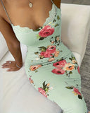 Lace Trim Spaghetti Strap Floral Print Dress
