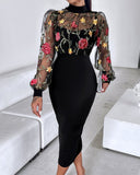 Floral Embroidery High Neck Long Sleeve Slim Fit Bodycon Sheer Mesh Midi Dress