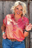 Rose Red Plus Size Metallic Sheen Short Sleeve Button Up Shirt