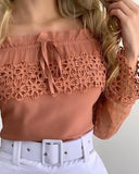 Off Shoulder Guipure Lace Frill Hem Drawstring Top