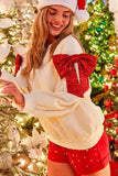 Beige Sequin Bow Decor Drop Shoulder Christmas Sweatshirt