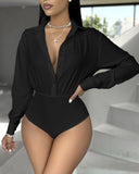 Ruched Buttoned Long Sleeve Bodysuit
