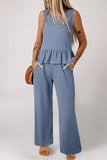 Beau Blue Solid Color Ribbed Ruffle Tank Top and Pants Set
