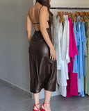 PU Leather Adjustable Spaghetti Straps Twist Slit Party Dress Backless Zipper Back Mid Length Dress