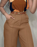 2 Pieces Outfits Colorblock Halter Sleeveless Top and Casual Plain Wide Leg Pants Set