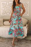 Green Abstract Print Smocked Bodice Knotted Straps Ruffled Maxi Dress