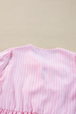 Pink Stripe Bowknot Front Crew Neck Puff Sleeve Blouse