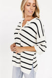 White Stripe Henley Buttoned Placket Drop Shoulder Bracelet Sleeve Knit Sweater Tee