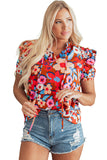 Brown Flower Print Self Tie Frilled Collar Puff Sleeve Blouse