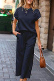 Navy Blue Solid Color Textured Short Sleeve Top and Casual Pants Set