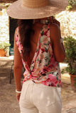 Pink Floral Round Neck Twisted Cut Out Back Tank Top