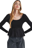 Black Ribbed Knit Long Sleeve Scoop Neck Peplum Patchwork Top