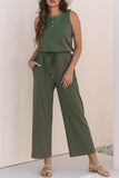 Vineyard Green Buttoned Drawstring Waist Sleeveless Wide Leg Jumpsuit