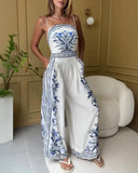 Floral Print Shirred Waist Jumpsuit Casual Backless Wide Leg Romper
