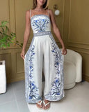Floral Print Shirred Waist Jumpsuit Casual Backless Wide Leg Romper