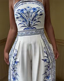 Floral Print Shirred Waist Jumpsuit Casual Backless Wide Leg Romper