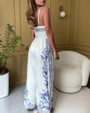 Floral Print Shirred Waist Jumpsuit Casual Backless Wide Leg Romper