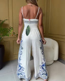 Floral Print Shirred Waist Jumpsuit Casual Backless Wide Leg Romper