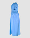 Halter Sleeveless Backless Maxi Dress Casual Shirred Slit Vacation Dress