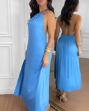 Halter Sleeveless Backless Maxi Dress Casual Shirred Slit Vacation Dress