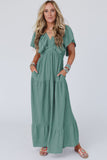 Green Textured V Neck Flutter Sleeve Ruffled Maxi Dress