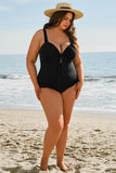 Black Plus Size Textured Knotted Ruffled Trim One Piece Swimwear