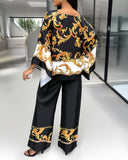 2 Pieces Outfit Baroque Print Batwing Sleeve Loose Top and Casual Elastic Waist Straight Leg Pants Set