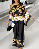 2 Pieces Outfit Baroque Print Batwing Sleeve Loose Top and Casual Elastic Waist Straight Leg Pants Set