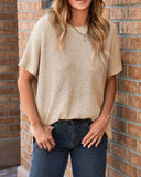 Round Neck Short Sleeve Slit Sweater Casual Loose Fit Top