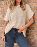 Round Neck Short Sleeve Slit Sweater Casual Loose Fit Top