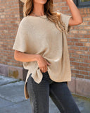 Round Neck Short Sleeve Slit Sweater Casual Loose Fit Top