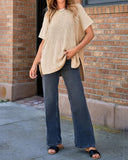 Round Neck Short Sleeve Slit Sweater Casual Loose Fit Top