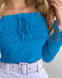 Off Shoulder Guipure Lace Frill Hem Drawstring Top