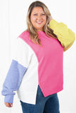 Rose Red Colorblock Patchwork Striped Puff Sleeve Plus Size Top with Slits