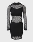 O neck Long Sleeve Fishnet Design Bodycon Dress