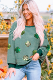 Green Stripe Four Leaf Clover Pattern St Patricks Drop Shoulder Sweatshirt