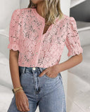 Lace Round Neck Puff Sleeve Button Front Blouse Casual See Through Top