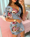 Floral Print Plunge Ruffle Hem Bodycon Dress