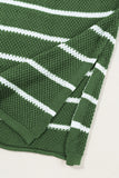 Green Stripe Henley Buttoned Placket Drop Shoulder Bracelet Sleeve Knit Sweater Tee