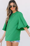 Green Frilly Round Neck Wide Half Sleeve Blouse