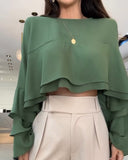 Round Neck Bell Sleeve Crop Top Casual Loose Fit Layered Blouse