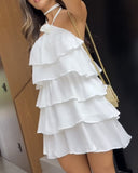 Rose Detail Halter Ruffles Layered Mini Dress