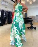 2 Pieces Outfit Plants Print Halter Sleeveless Tank and Casual Slit Wide Leg Pants Set