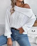 Skew Neck Long Sleeve Cable Knit Sweater