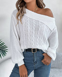 Skew Neck Long Sleeve Cable Knit Sweater