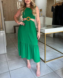 Halter Sleeveless Waist Cutout Maxi Dress Sexy Hoop Decor A Line Smocked Dress